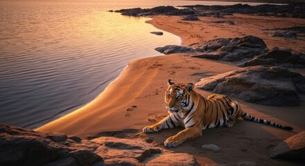 Bengal tiger rests on golden sunset beach by calm water, surrounded by scattered rocks