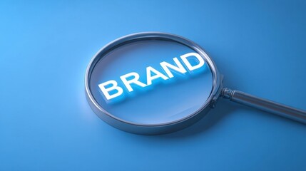 A magnifying glass with the word BRAND spelled out in large white letters inside it,