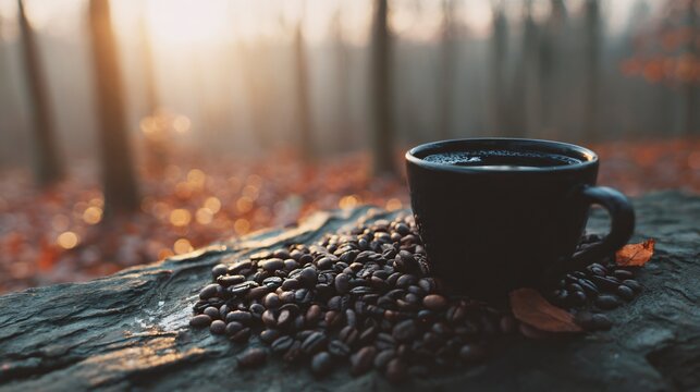 Savoring a warm cup of coffee amidst the serene beauty of a misty autumn forest with golden sunlight filtering through the trees, creating a cozy and inviting atmosphere for a peaceful morning.