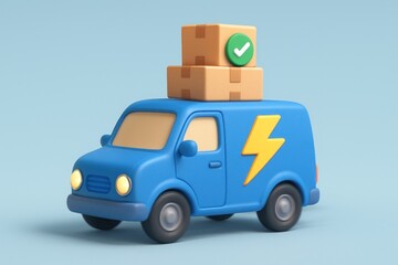 Blue 3D delivery van with boxes, a checkmark, and a yellow lightning bolt
