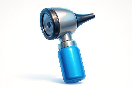 Bright blue and metallic silver medical ear inspection device on a clean white background