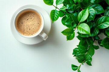 Top view cup of coffee with green leaves on white background, copy space for text