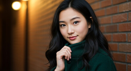 Charming young Asian woman with flowing dark hair and a warm smile, elegantly dressed in a deep green coat against a brick wall and soft bokeh lights.