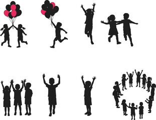 Children Silhouette Vector Illustrations Showing Playful Activities, Group Interaction, Balloon Running, Joyful Movement, and Social Bonding in Outdoor Scenes