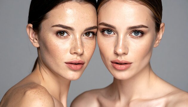 Two women with flawless skin, close-up