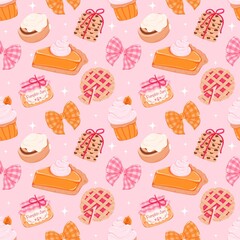 Coquette Fall Bakery: A Sweet Seamless Pattern of Pink Pumpkin Pie and Autumn Treats