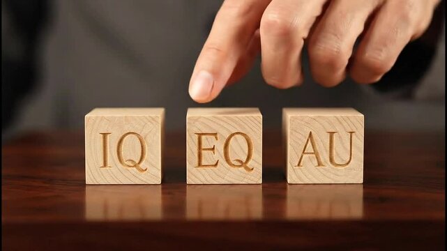 Wooden Blocks Displaying IQ EQ AU Concepts for Personal Development.