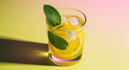 Clear glass of yellow drink with lemon, ice, mint leaves on a bright gradient background