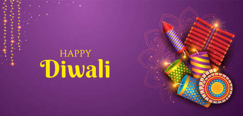 Naklejka na ściany i meble burning diya on Happy Diwali Holiday background for light festival of India