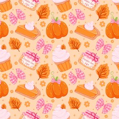 Cute Pumpkin Spice Autumn Seamless Pattern - Pink Fall Harvest Pie Cupcake Jam Leaves Digital Paper Background Thanksgiving Design