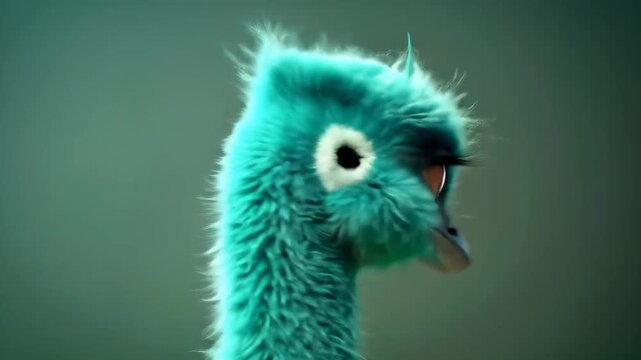 Close up of a cute blue emu bird with big eyes and fluffy feathers.