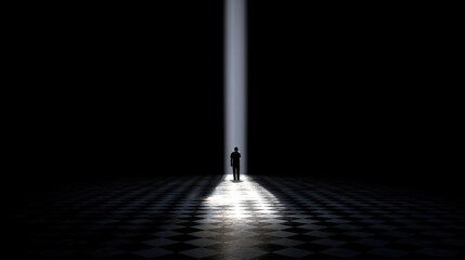 A solitary figure stands under a narrow beam of light in a dark empty space,