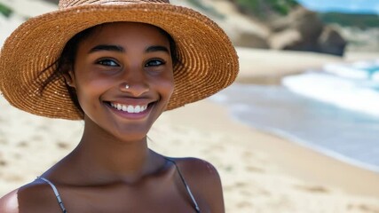 Young woman wearing a straw hat and a bikini at the beach. - Powered by Adobe