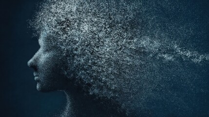 A side-profile of an ethereal figure composed of dispersing white particles against a dark blue background,