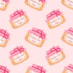 Cute Pumpkin Jam Jars Seamless Pattern - Pink Gingham Bow Autumn Preserve Digital Paper Background Fall Baking Design