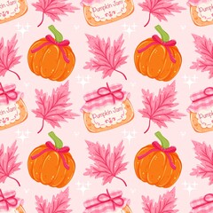 Pink Pumpkin Jam Seamless Pattern - Cute Fall Autumn Leaves Kawaii Harvest Digital Paper Background Design