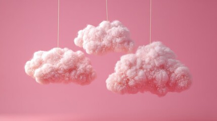 Three fluffy cloud-like objects hang by thin white strings against a solid pink backdrop,