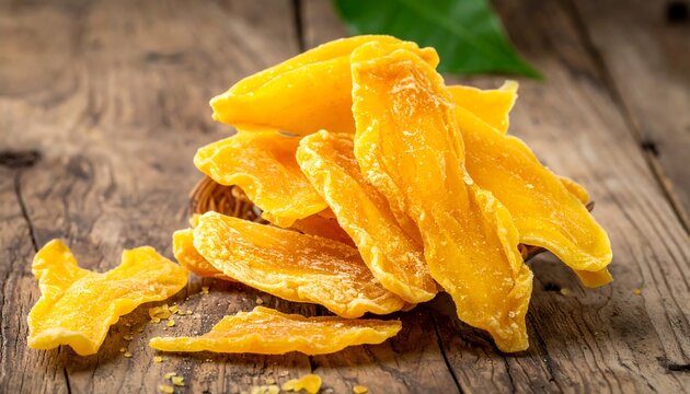 Close-up of dried mango slices piled on a wooden table with a slight blur background and one leaf