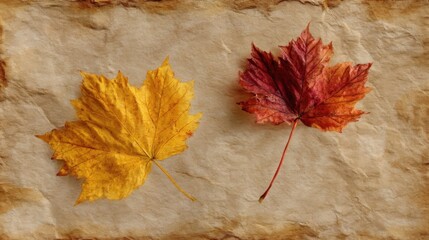 Two dry leaves rest on a textured surface,