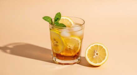 Fototapeta premium Cool drink with lemon slices, ice, and mint; halved lemon nearby on peach background