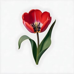 red tulip on a white background with green leaves