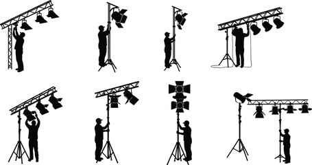 Stage lighting silhouettes, event setup, professional equipment, spotlight installation, floodlight 