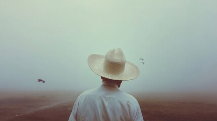 A solitary figure stands amidst tall grasses in a misty rural landscape, wearing a large beige hat and light clothing,