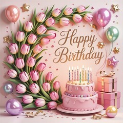 card with balloons and tulip flowers