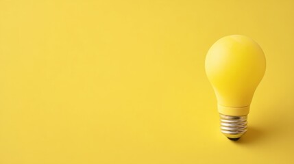 A single yellow light bulb with a metallic screw base stands upright against a solid yellow background,