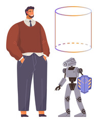 Man in casual attire standing near a humanoid robot with a shield and a translucent cylinder. Ideal for technology, robotics, AI, human-machine interaction, futuristic concepts, collaboration