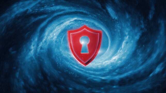 Dynamic blue swirling patterns symbolize energy and momentum, centered by a bold red shield emblem with a keyhole,