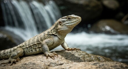 Fototapeta premium Detailed lizard on sunlit rock, blurred waterfall and river flowing in lush background