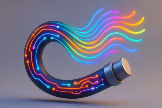 Dark curved tube with glowing circuits emits vibrant rainbow digital data streams