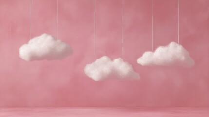 Soft pink background featuring three fluffy white cotton candy clouds hanging delicately from thin white strings.