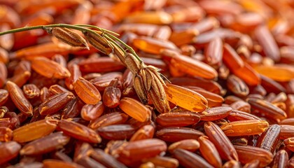 Close-up of uncooked brown rice kernels with a seed head, showcasing textures and earthy tones
