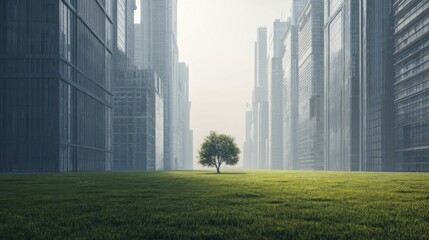 A lush green grass field stretches between tall modern skyscrapers with sleek glass and steel facades,
