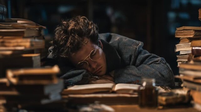 A tired scholar asleep at a cluttered desk surrounded by books and a dimly lit library ambiance