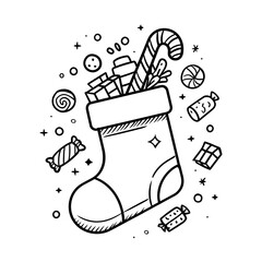 Cute Christmas stocking with candy and gifts inside, simple outline, clipart