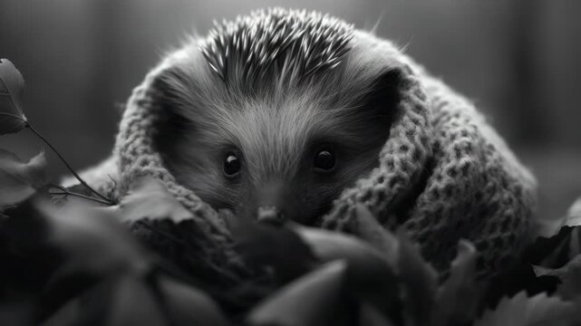 A close-up of a hedgehog peeking out from its cozy nest filled with blossoms.