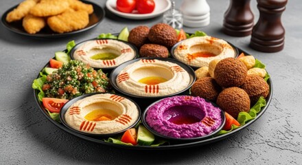 Diverse appetizer platter with colorful hummus, crisp falafel, fresh tabbouleh, and fried snacks