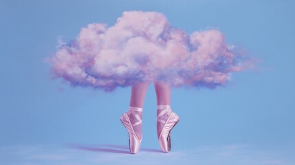 A pair of elegant ballet pointe shoes standing upright on a solid surface, showcasing delicate ribbons and satin fabric.