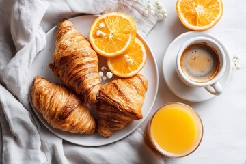 Top view of breakfast scene with croissants coffee and orange juice on white table