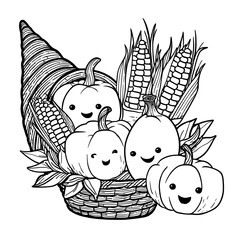 Cute cornucopia with smiling pumpkins and corn, simple bold lines, coloring page for kids