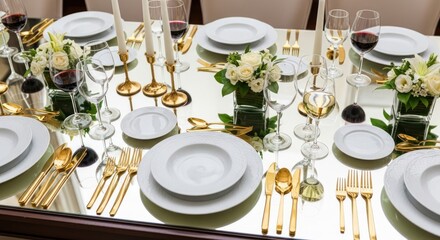 Elegant dining table set with white plates, gold cutlery, wine, white flowers, candles, reflections