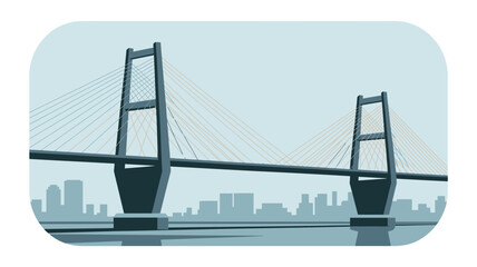 Obraz premium A stylized illustration of a suspension bridge with a city skyline in the background on a light blue day