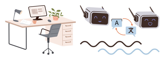 Modern workspace with desk, computer, and plant blending with AI translation icons. Ideal for technology, communication, productivity, remote work, creativity, AI applications and collaboration