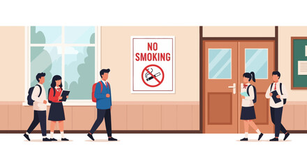 School corridor scene Students walking past a "No Smoking" sign, promoting a healthy environment