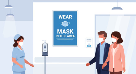 Medical clinic scene with people wearing masks, healthcare worker and signage in area