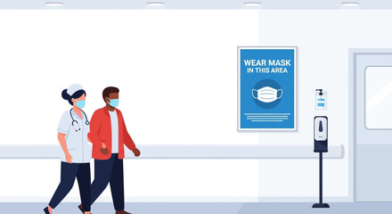Healthcare workers and patients adhering to safety protocols by wearing masks in a medical facility