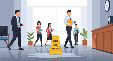 A bustling office scene featuring a prominent wet floor caution sign, underscoring the importance of workplace safety and hazard awareness in a corporate environment